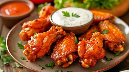 Wall Mural - Baked chicken wings with sauce and parsley on a plate