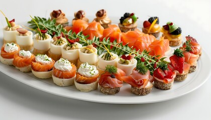 Poster - Set of canapes with meat, vegetables and cheese on the table