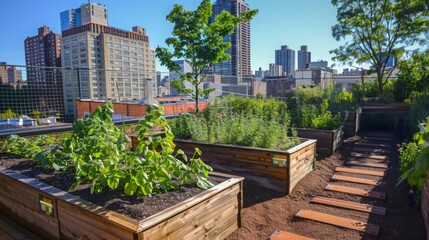 Poster - A rooftop garden with raised beds and a walkway, surrounded by tall buildings in the city.