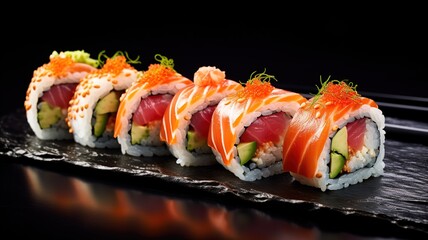 Wall Mural - Four rolls of sushi on japan view blackground.