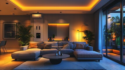 An ultra-modern living room showcasing smart home technology, with a stylish sofa, a smart thermostat on the wall, app-controlled lighting, and a security system integrated into the décor,