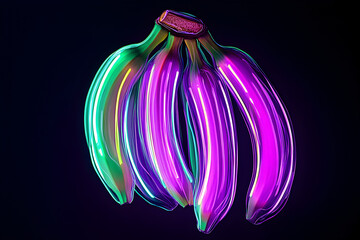 Wall Mural - Glowing neon outlines of banana bunch isolated on black background.