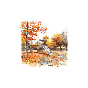 vector image of a children's playground in autumn made with watercolor.ai generated