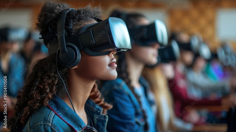Group of individuals engaged in immersive virtual reality experience ...