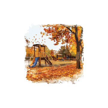 vector image of a children's playground in autumn made with watercolor.ai generated