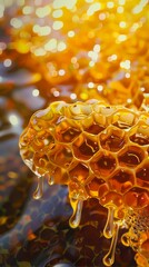 Wall Mural - A close up of a honeycomb with water droplets on it