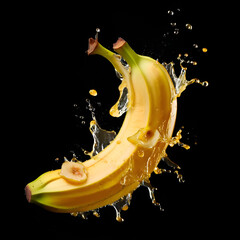 Wall Mural - A ripe banana with a single bite surrounded by dynamic splashes of liquid.