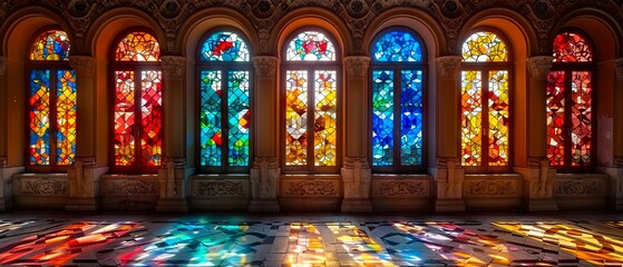 A large room filled with lots of stained glass windows