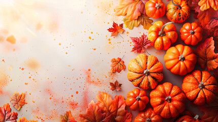 Wall Mural - Thanksgiving-themed background with pumpkins and autumn leaves, perfect for holiday cards, seasonal banners, and festive designs.