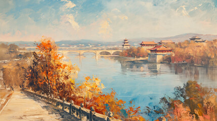 painting of a bridge over a river with a bridge in the background