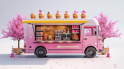 Sticker - there is a pink food truck with ice creams on the roof