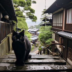 Sticker - there is a black cat standing on a ledge in a japanese village