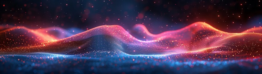 Poster - abstract digital landscape featuring vibrant blue and red waves illuminated with sparkling lights, c