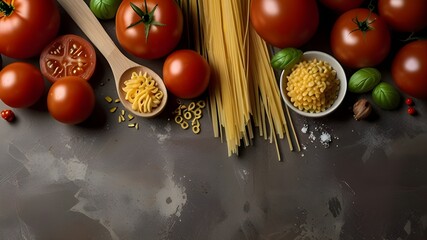 Food background for tasty Italian dishes with tomato. Various cooking ingredients with spaghetti and spoon. Top view with copy space. Generative AI