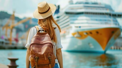 Wall Mural - A tourist young woman with a hat and backpack looking at a cruise ship in port, back view. Travel concept for young people traveling on vacation. copy space for text.