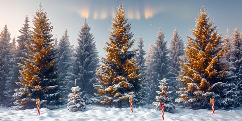 Snow-covered coniferous trees adorned with holiday decorations, set against a serene winter landscape with a softly glowing sky