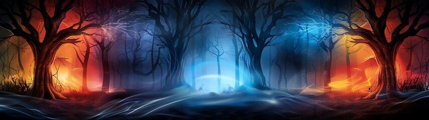 Wall Mural - halloween banner with flaming text in green, yellow, blue, dark blue, purple, red, orange, and brown