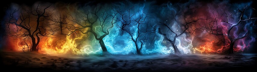 Wall Mural - flaming halloween text in vivid green, yellow, blue, dark blue, purple, red, orange, and brown, agai