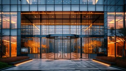 Poster - This Elegant glass entrance glows warmly at dusk, framed by illuminated trees.