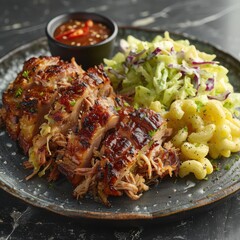 Poster - Delicious BBQ Pulled Pork with Creamy Macaroni Salad and Fresh Coleslaw Side, Perfect for a Hearty and Flavorful Meal