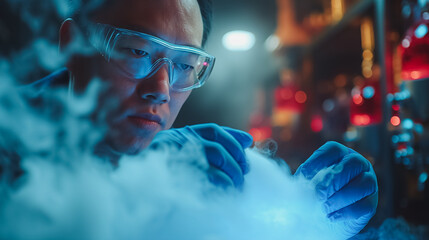 Poster - A man in a lab coat is wearing blue gloves and goggles as he looks at a cloud of smoke