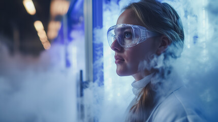 Poster - A woman wearing goggles and a white lab coat is looking at a cloud of smoke