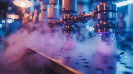 Poster - A machine is spraying a mist of purple liquid. The mist is thick and dense, and the machine is surrounded by a purple glow