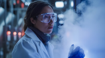 Poster - A woman in a lab coat is wearing goggles and looking at a blue fog. The scene is set in a laboratory, and the woman is conducting an experiment