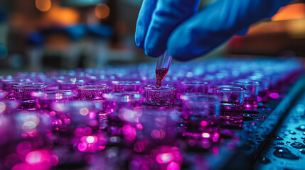Poster - Biotechnology lab scene with a focus on pipetting samples into a micro well plate, emphasizing the importance of accuracy in research.
