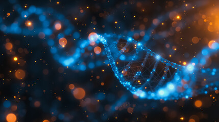Poster - aFuturistic blue background with DNA genetic biotechnology and chromosome structures, incorporating nano code and low poly wireframe vector illustrations.