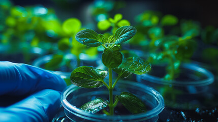 Plant science laboratory research featuring biological chemistry tests with green organic leaves in vitro, highlighting biotechnology and medical ecology technology.