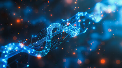 Poster - aFuturistic blue background with DNA genetic biotechnology and chromosome structures, incorporating nano code and low poly wireframe vector illustrations.