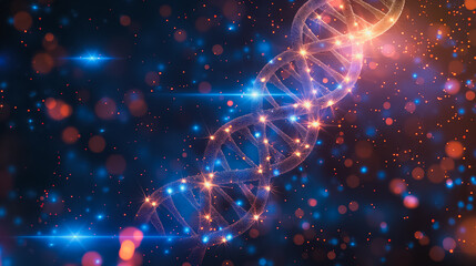 Poster - Science wallpaper with DNA genetic biotechnology on a blue background, highlighting chromosome structure, nano code, and low poly wireframe vector art.