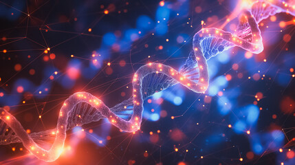 Poster - Vector illustration of DNA genetic biotechnology against a blue backdrop, including chromosome structures, nano code, and low poly wireframe elements.