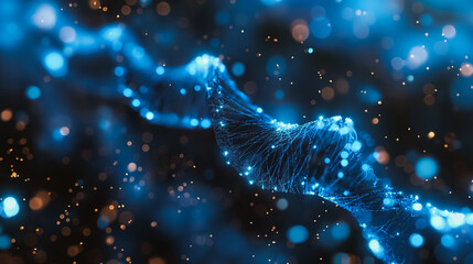 Sticker - Blue background with DNA genetic biotechnology and chromosome structure, showcasing a science wallpaper with nano code and low poly wireframe design.