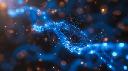 Poster - Blue background with DNA genetic biotechnology and chromosome structure, showcasing a science wallpaper with nano code and low poly wireframe design.