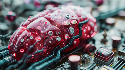 Poster - Artificial intelligence brain featuring a detailed computing system and neural networks, emphasizing the blend of biotechnology and machine learning advancements.