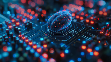 Poster - Artificial intelligence brain with a computing system, neurons, and neural networks, illustrating the intersection of biotechnology and machine learning.