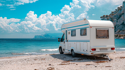 Camper van parked on a serene beach under a bright sky.