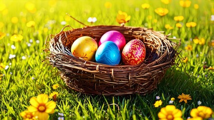 Colorful Easter Eggs in a Nest on a Sunny Spring Meadow