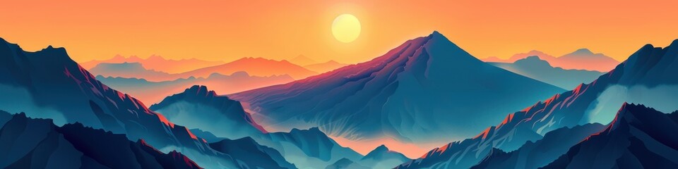 Wall Mural - Stunning Digital Art of a Colorful Mountain Sunrise With Lush Valleys and Glowing Sky in a Serene Natural Landscape