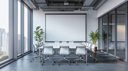 Sticker - Modern conference room with a large screen and city view.