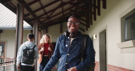 Aufkleber - University, people and talking with handshake for education, greeting and learning for knowledge of study in hallway. Smile, men and students with fist bump for conversation, walking and classroom
