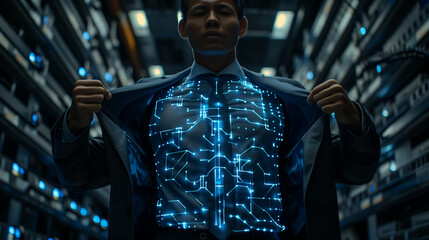 Poster - Businessman revealing digital network on chest, dark data center background.