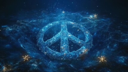 Blue peace symbol made of sparkling stars in cosmic background, representing harmony and tranquility in space.