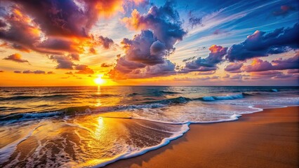 Wall Mural - vibrant sunset over peaceful beach with calm ocean waves, sunset, beach, ocean, tranquil, serene, du