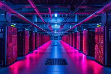 Poster - A row of illuminated server racks in a data center