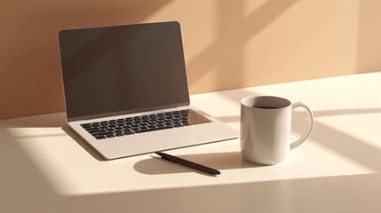 Minimalist flat lay of a clean workspace with a laptop, coffee mug, and pen, depicted in ultra-sharp and detailed 3D shading