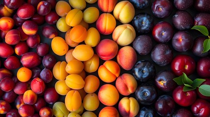 top view of a colorful array of fresh fruits, including plums, apricots, and nectarines.