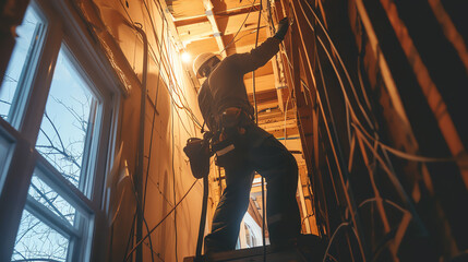 Electrician working on wiring in a narrow space under warm light, focused on connecting electric cables to ensure proper installation.